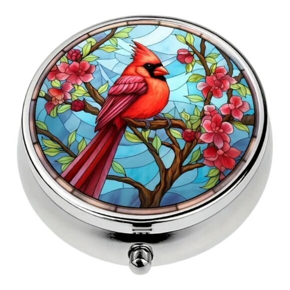 Red Cardinal Bird Pill Box Medicine Mini Stainless Steel Case Mirrored Travel - Picture 3 of 7